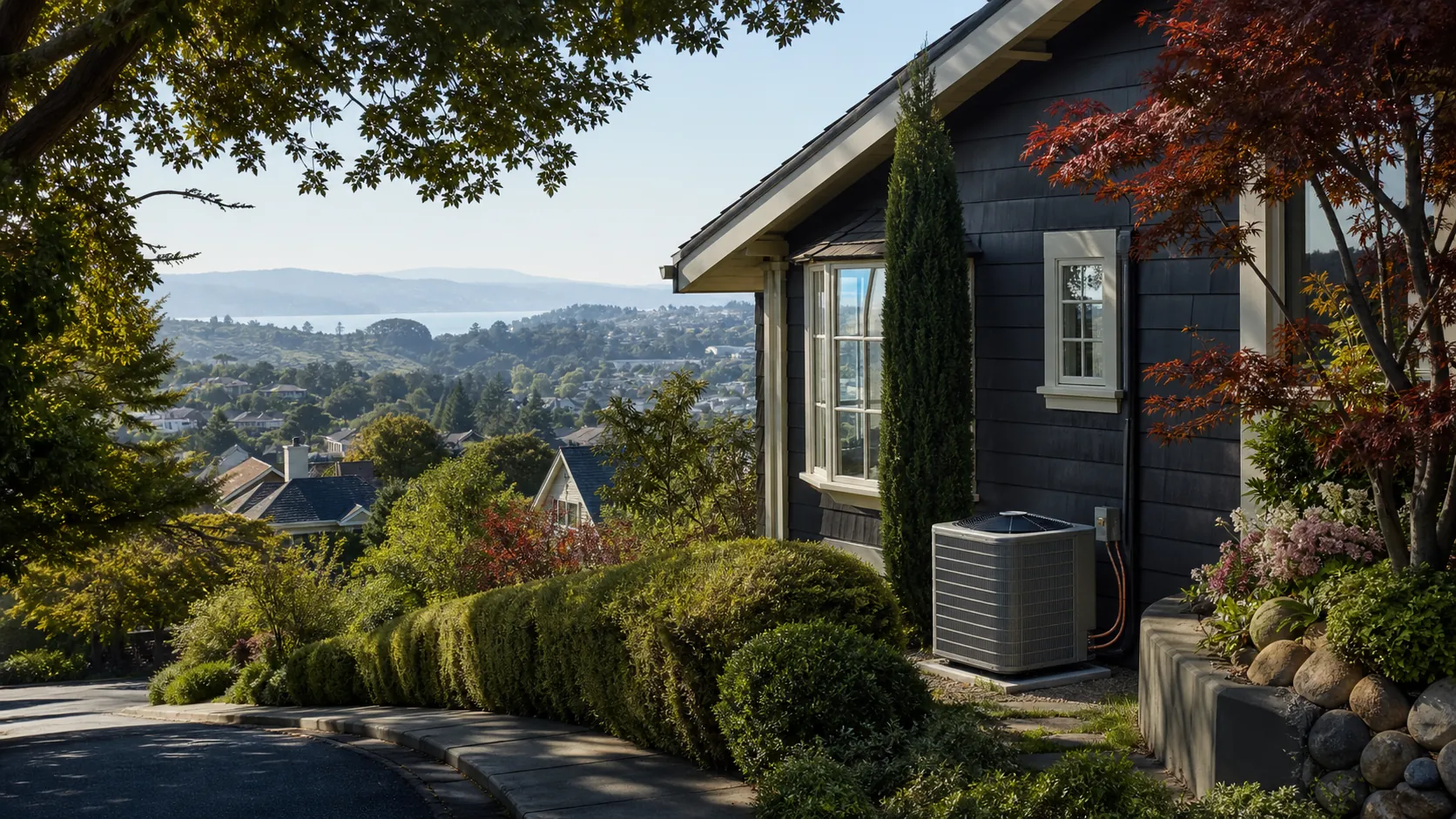 Sunlit hillside home in Belmont, California with a modern outdoor air-conditioning condenser beside it and San Francisco Bay hills in the distance.
