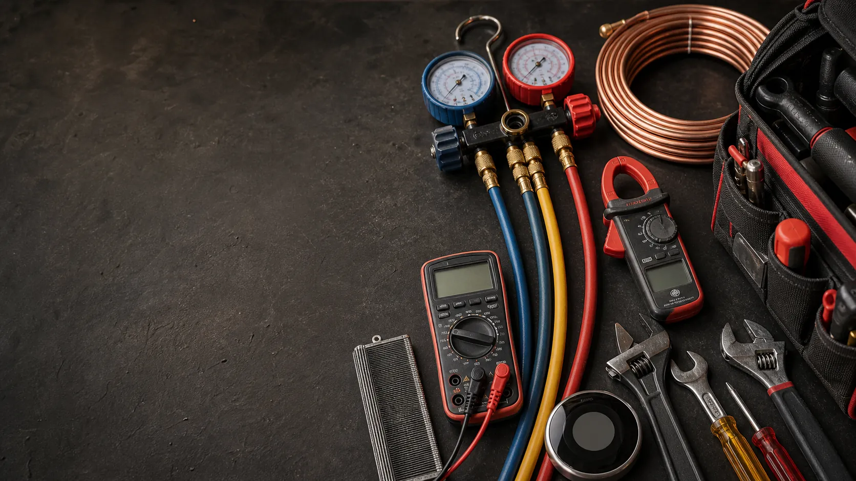 Clean professional HVAC service tools and refrigerant manifold gauges arranged on a work surface.