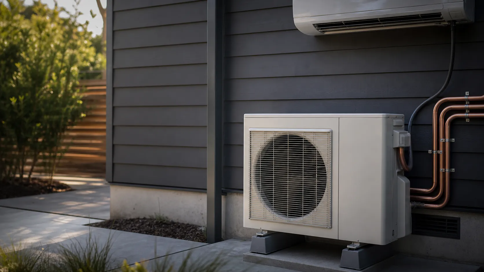 Close-up of modern residential HVAC equipment including an outdoor condenser and a wall-mounted ductless mini-split head.